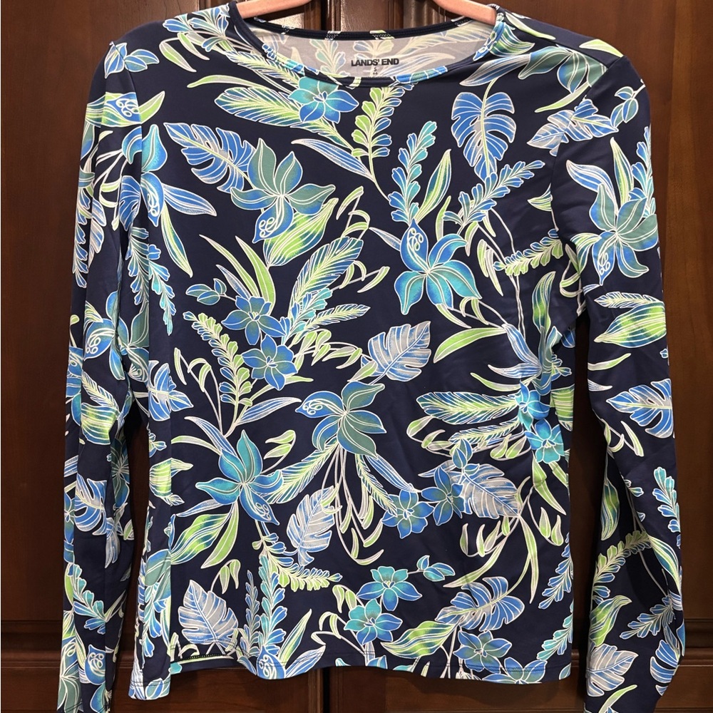Lands' End Women's Floral Long Sleeve Top - Navy and Light Blue